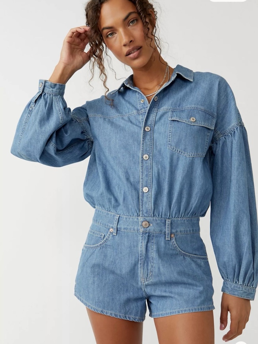 NWT FREE PEOPLE Zodiac Long Sleeve Cotton Chambray Romper Medium